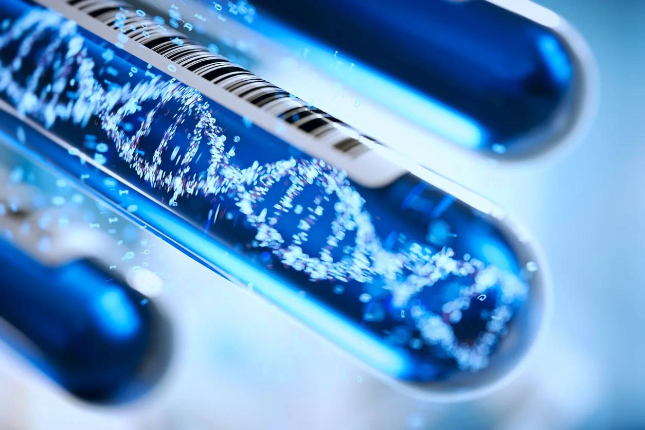 Probówka laboratoryjna z wizualizacją sekwencji DNA, nowoczesne badania i technologia laboratoryjna